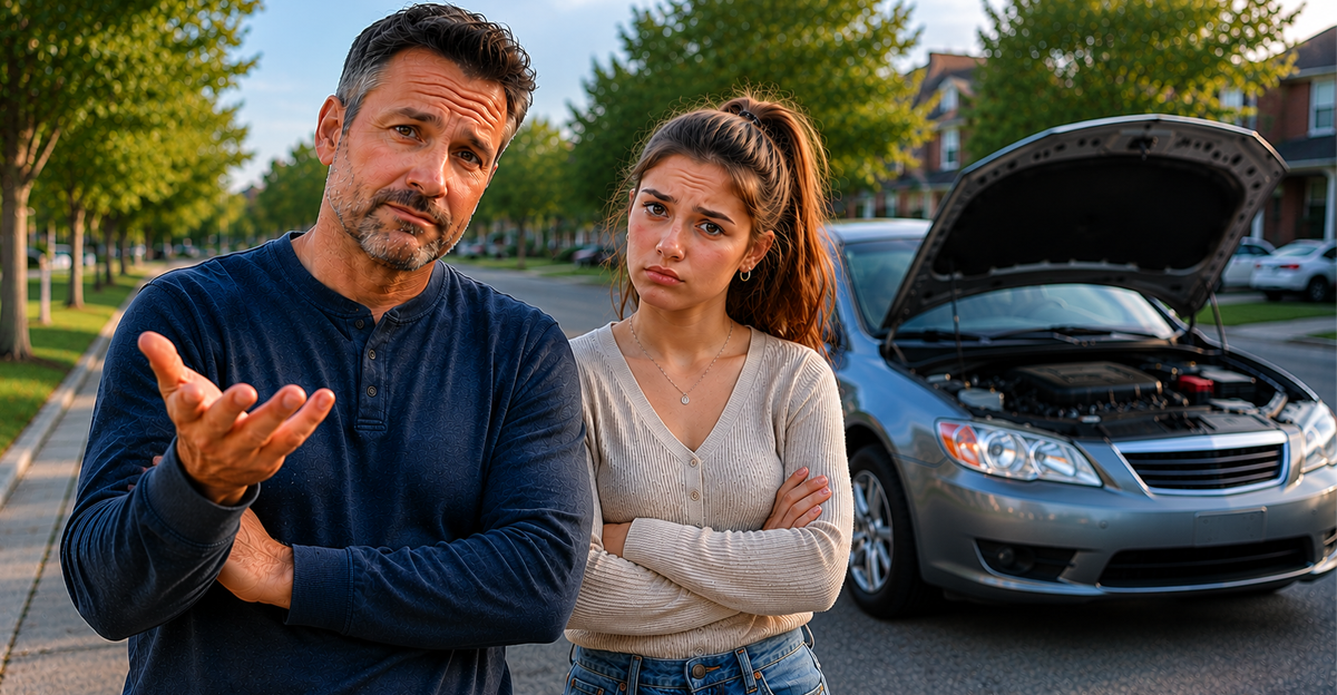 White man and adult daughter standing beside broken down car