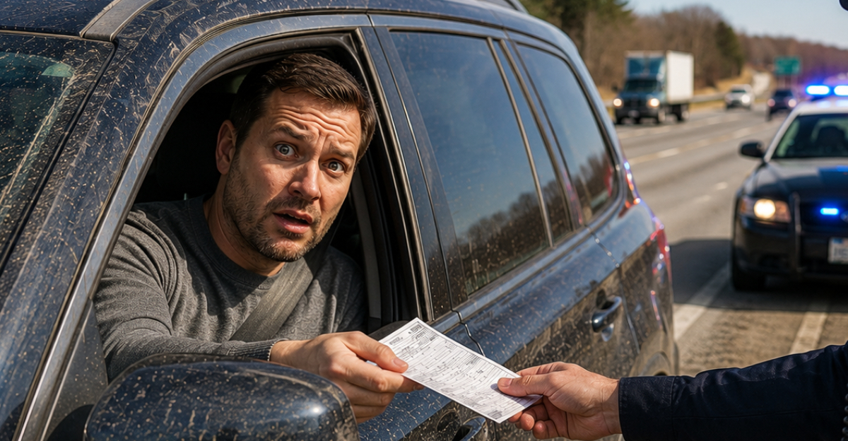 man in dirty car getting ticket