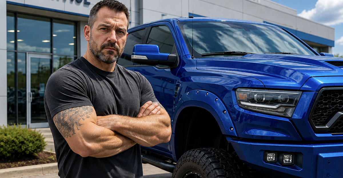 AI-generated image of a man worried about his lifted truck warranty.