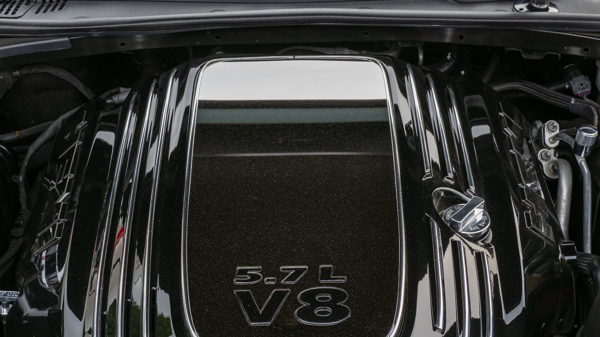 Engine compartment of a Dodge Challenger with a 5.7 L Hemi V8 engine at the 5th US-Car meeting in Gut Leimershof near Bamberg
