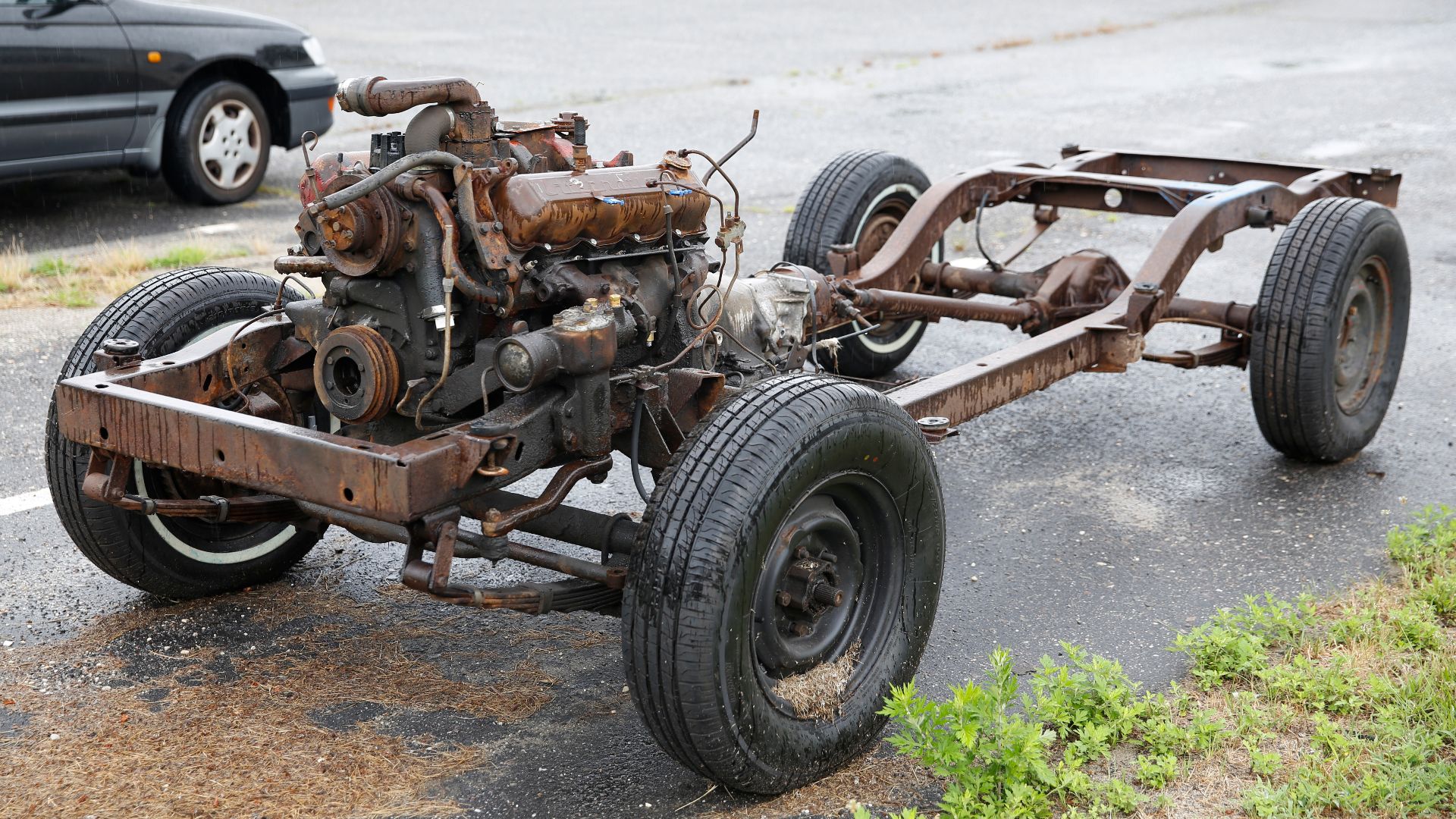 The chassis of an International Scout II with the SV V8 engine. A bit crusty, but likely about to be restored as the Hamptons simply cannot get enough Scouts.