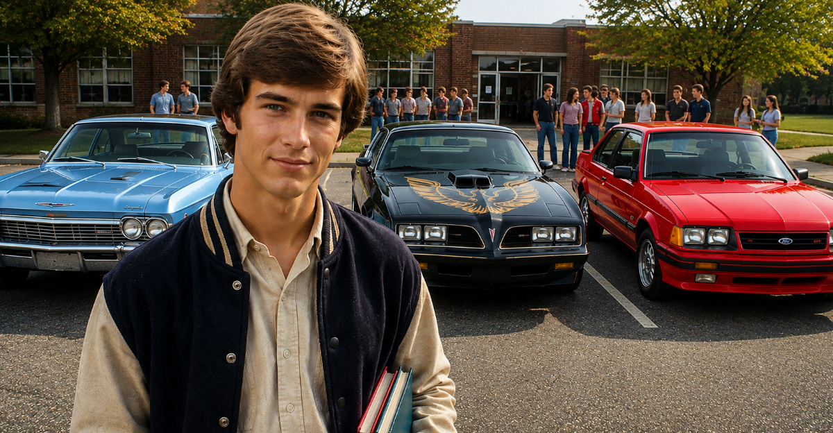 1960s high school male, 3 classic cars