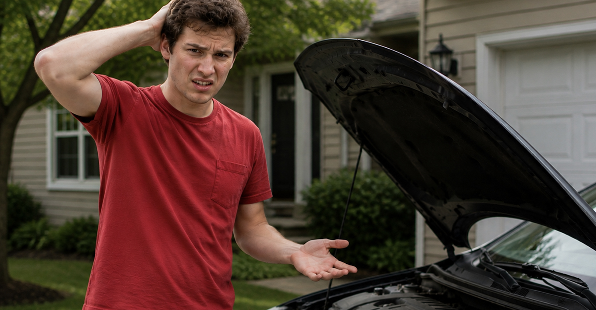 A confused man in a red shirt having car trouble.