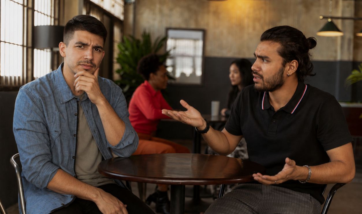 Two men enjoy a lively discussion 