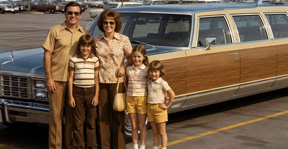 1970s family standing in front of huge car
