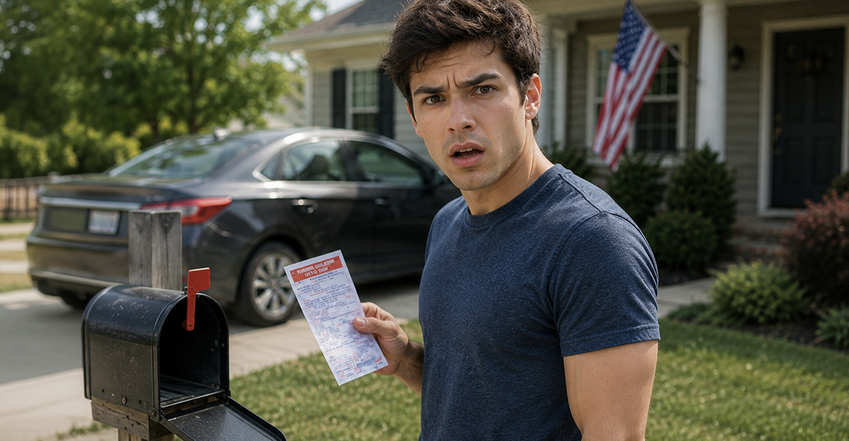 Surprised, young man getting a speeding ticket in the mail. 