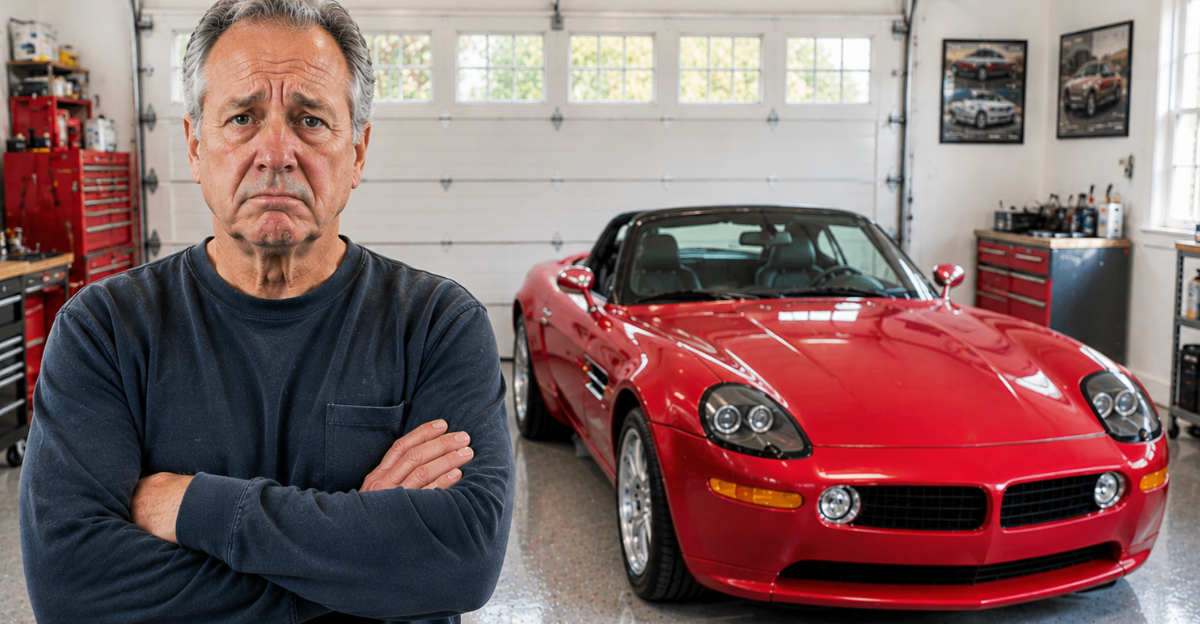 Older man in garage with red sports car