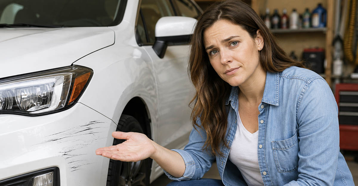 AI-generated image of woman worried about scratches on her leased car.
