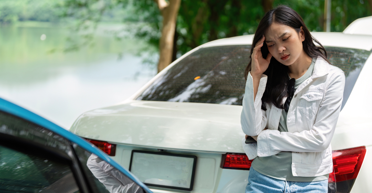 Insurance Stress. A woman looking worried after a car accident, waiting for assistance.