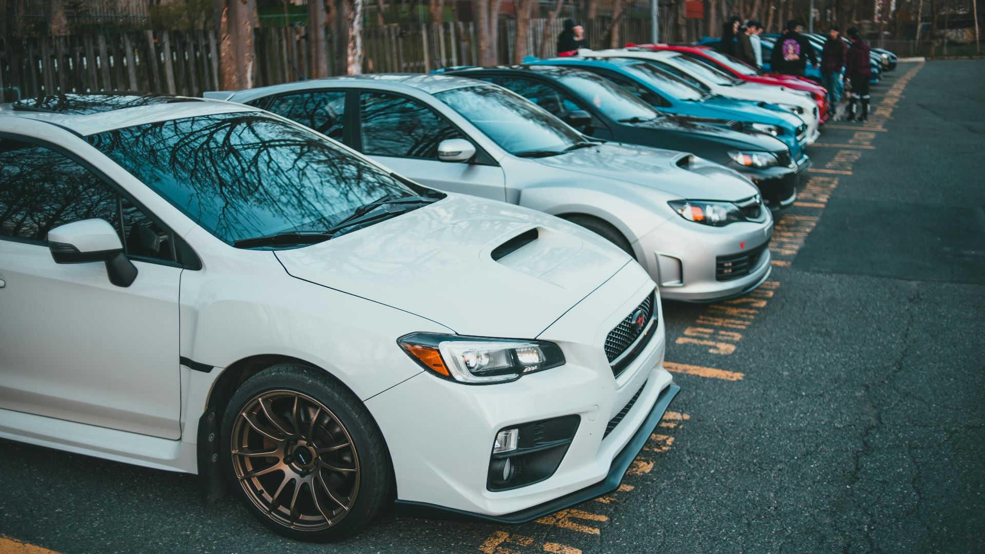 Vibrant lineup of parked cars in an outdoor lot, showcasing various models and colors.