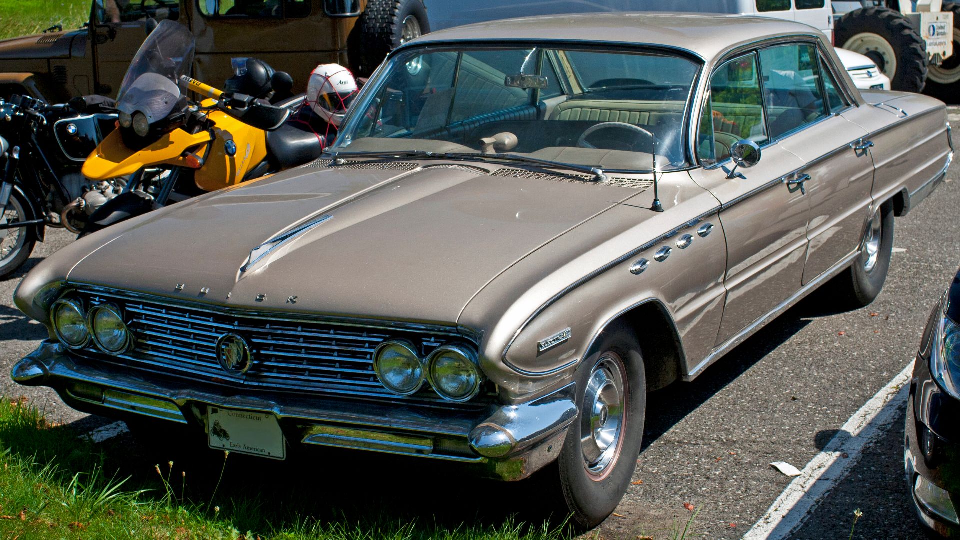 1961 Buick Electra 225 Riviera sedan, with four ventiports on the front fender - unique to the Electras. Taken in the parking lot of the 2012 Greenwich Concours d'Elegance