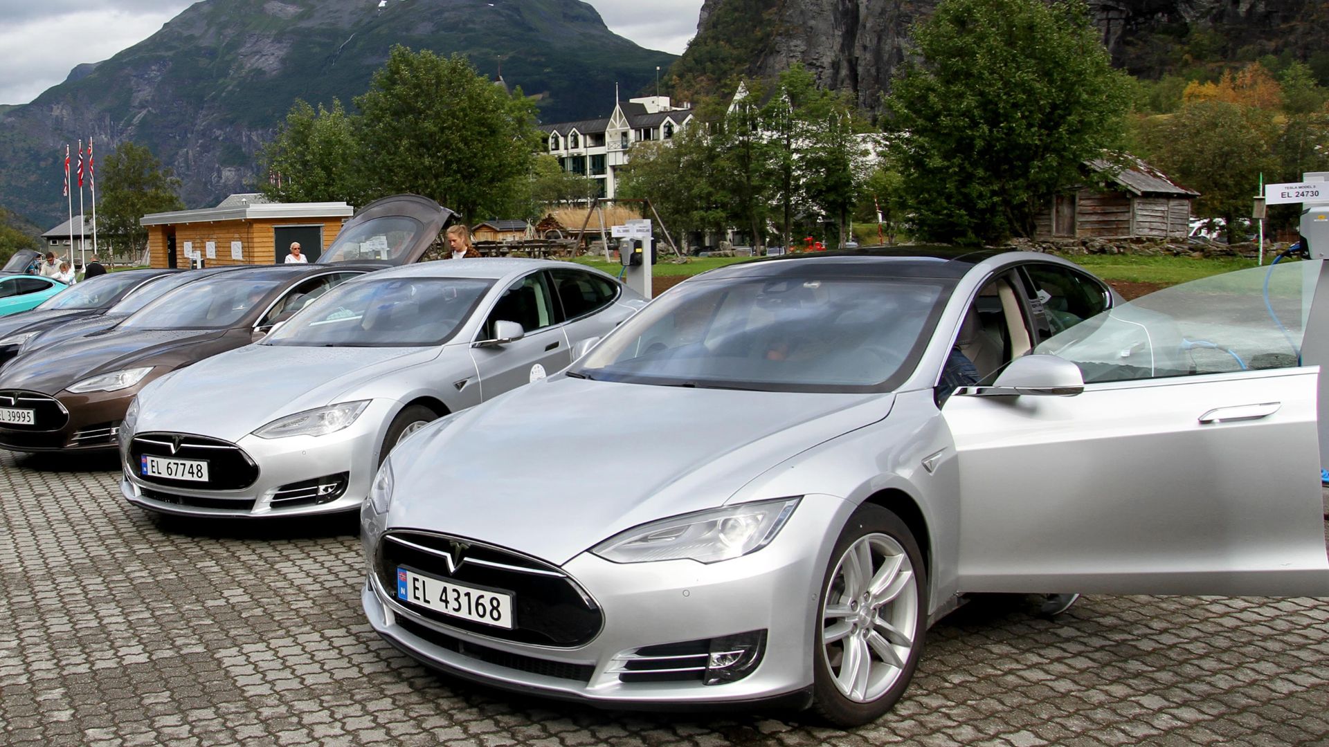 Five Tesla Model S all-electric cars participating in the EV Festival in Geiranger, Norway