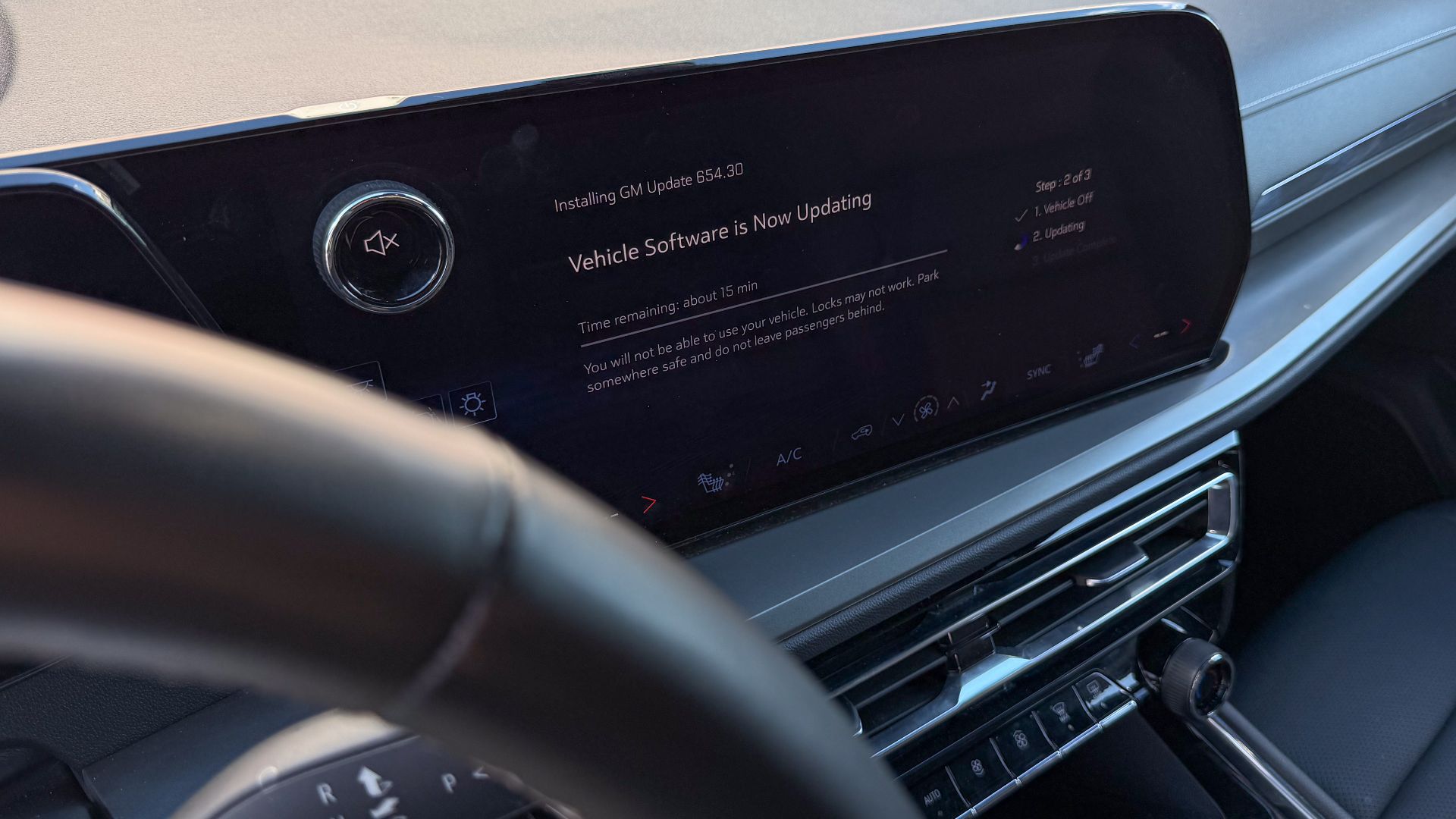 Installation screen of an over-the-air software update in a mid-2020s model General Motors vehicle, potentially a Chevrolet Traverse or Equinox EV