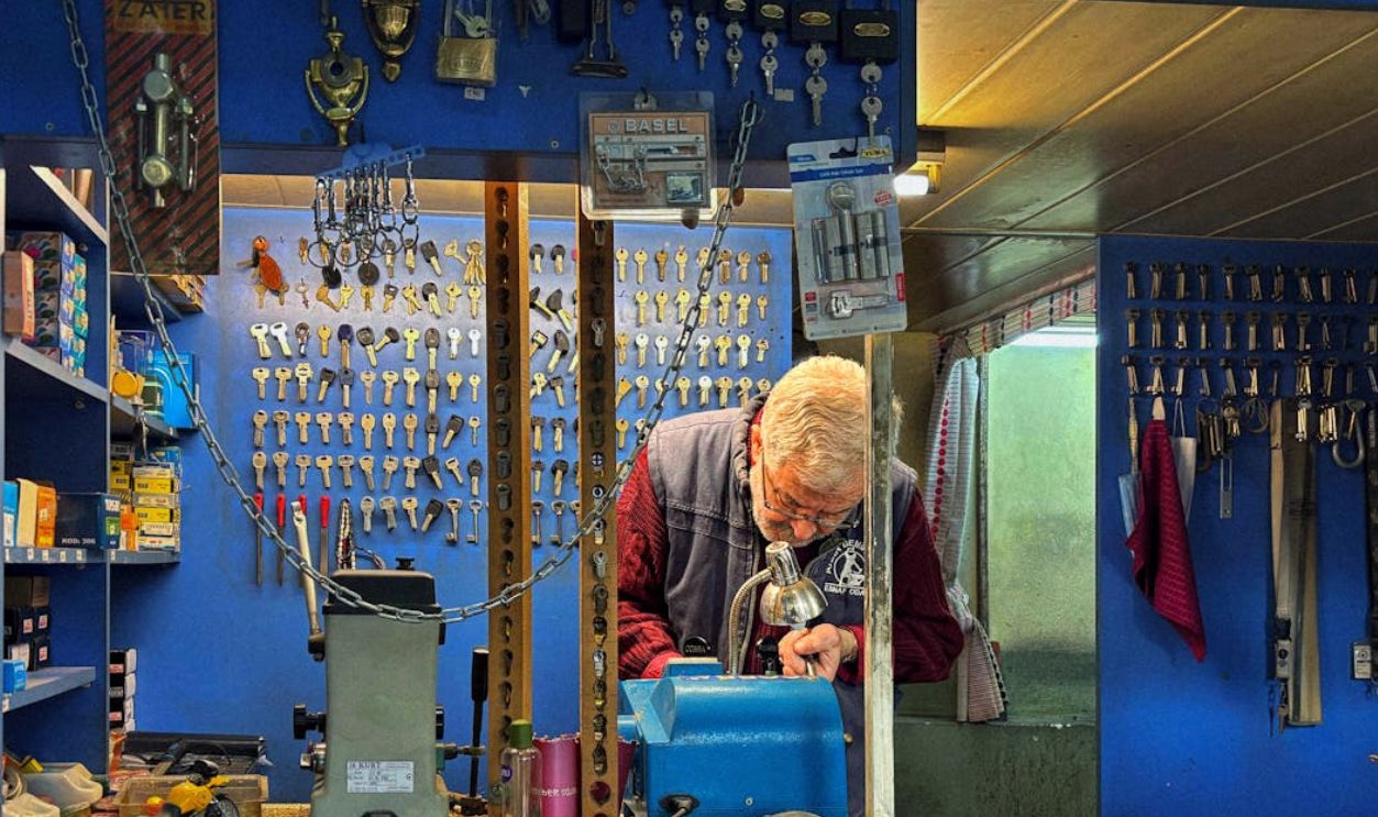 A senior locksmith crafts a key in his hardware shop filled with locks and keys
