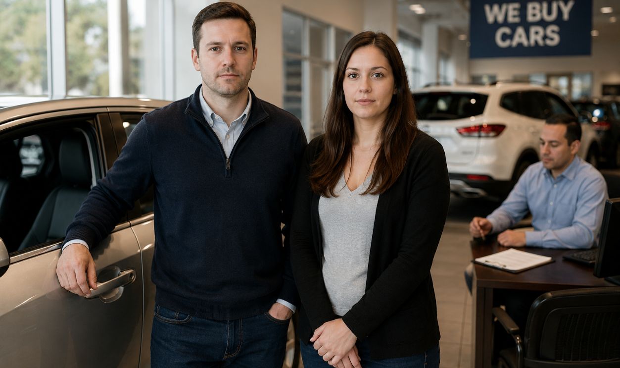 Modern dealership showroom with customers