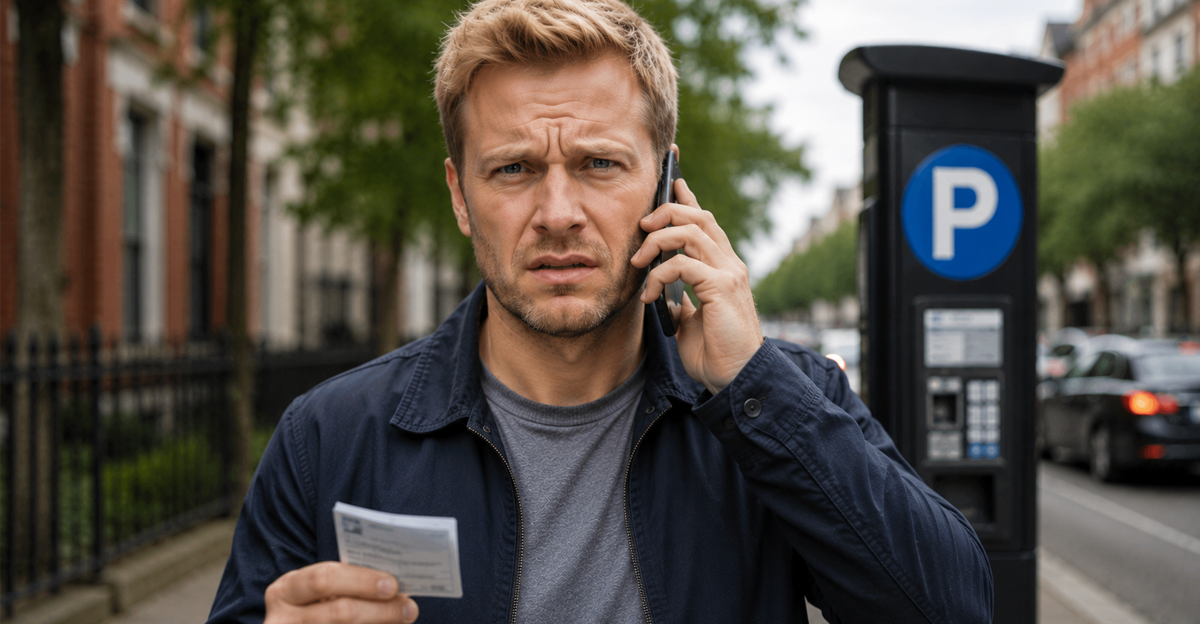 AI-generated image of a blonde man holding a phone and parking permit