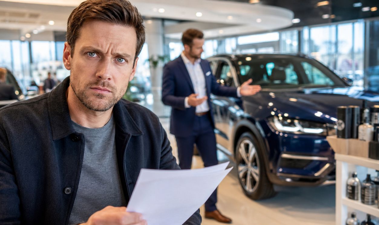 confused man in car dealership
