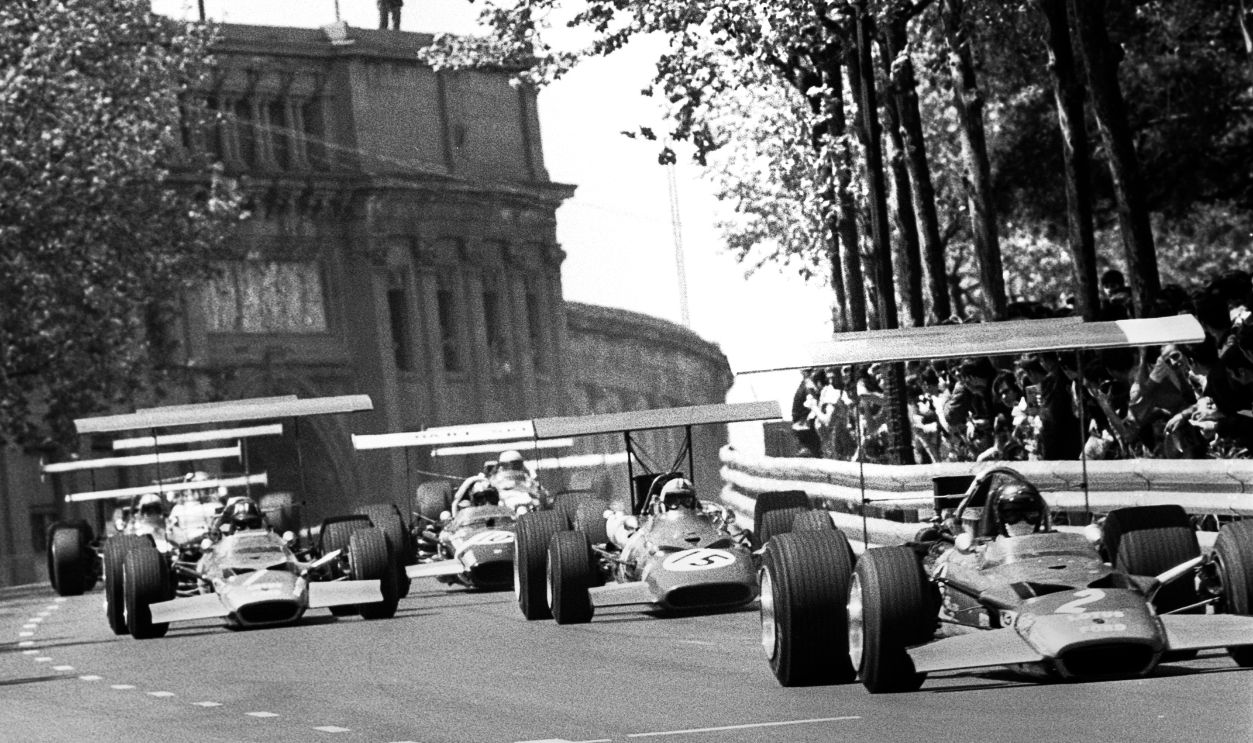 Jochen Rindt, Graham Hill, Chris Amon, Jo Siffert, Lotus-Ford 49B, Ferrari 312, Grand Prix of Spain, Montjuic, 04 May 1969. The crazy and dangerous days of the huge rear wings.