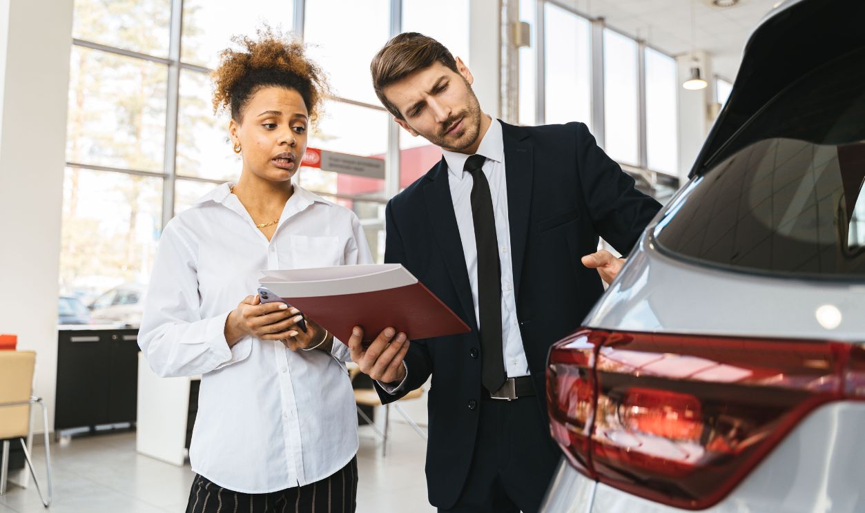 A professional consultation at a car dealership involving a sales agent and a customer discussing a vehicle purchase
