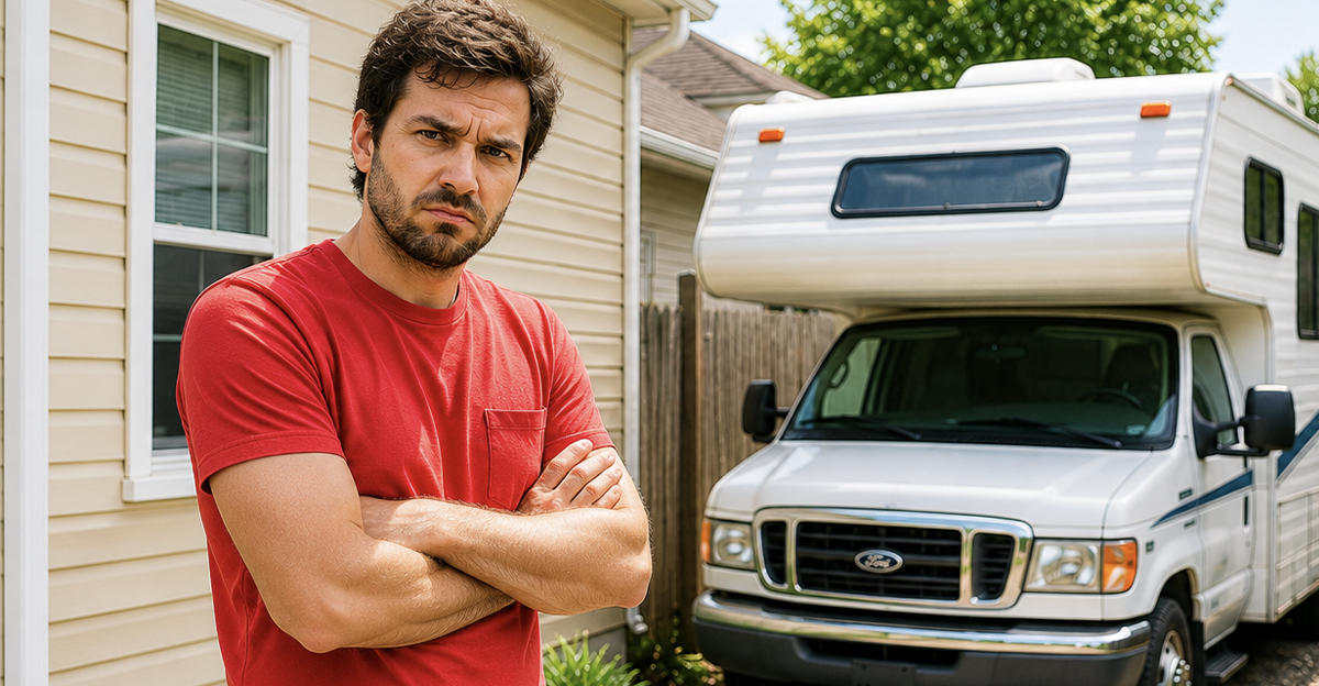 Ai-generated image of a man worried about a fine for parking his RV next to his house.
