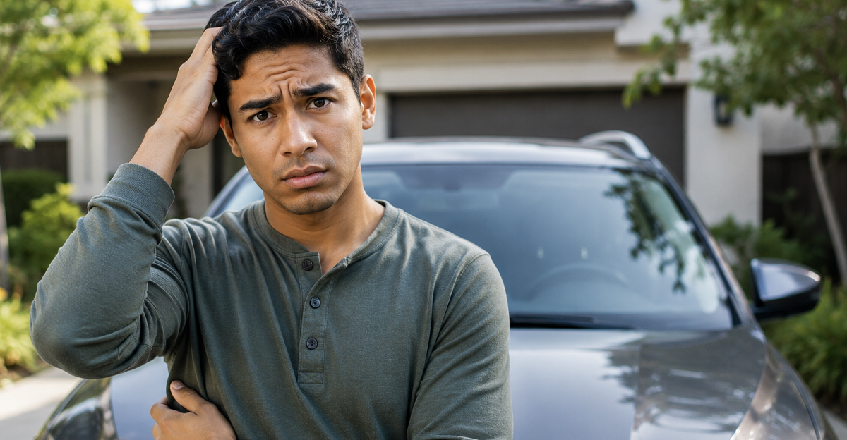 Young confused man leaning against a car