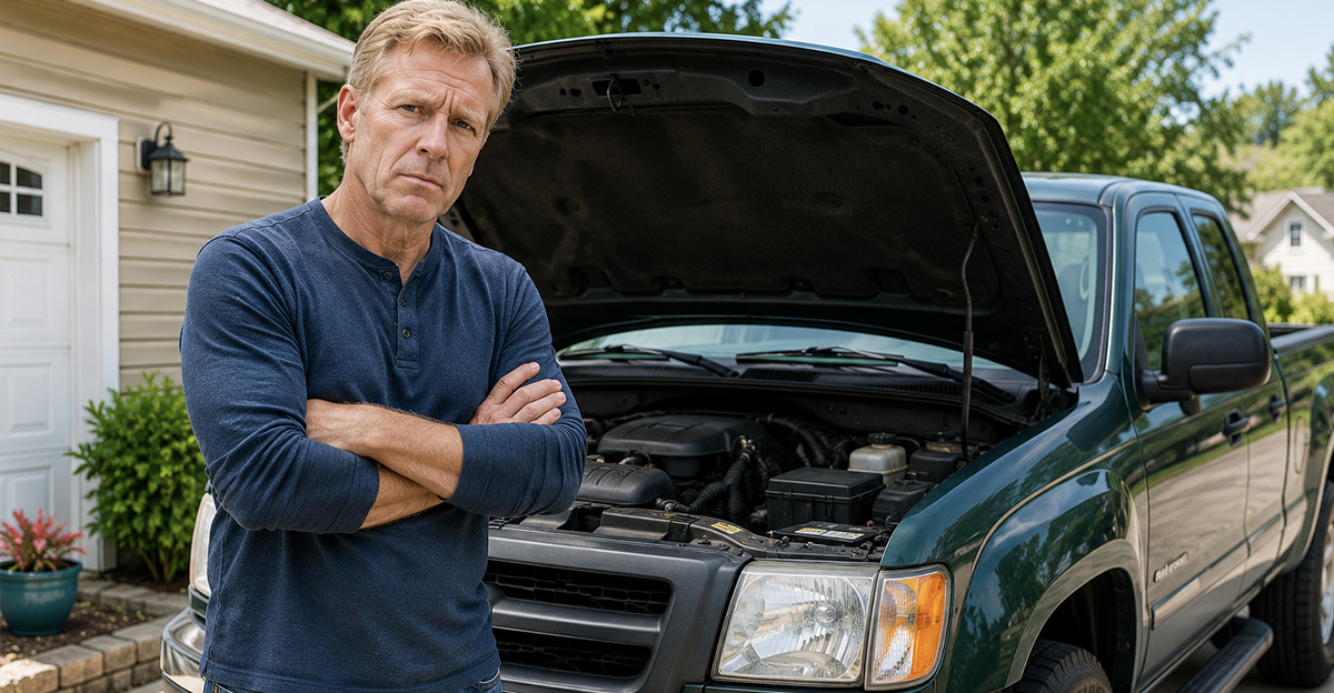 AI-generated image of a man worried about a dealership GPS tracking device in his truck.