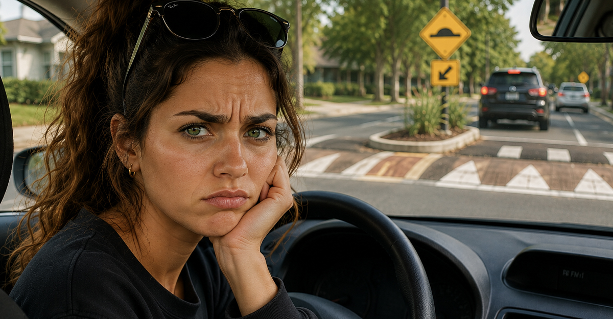 Annoyed brunette woman sitting in her car