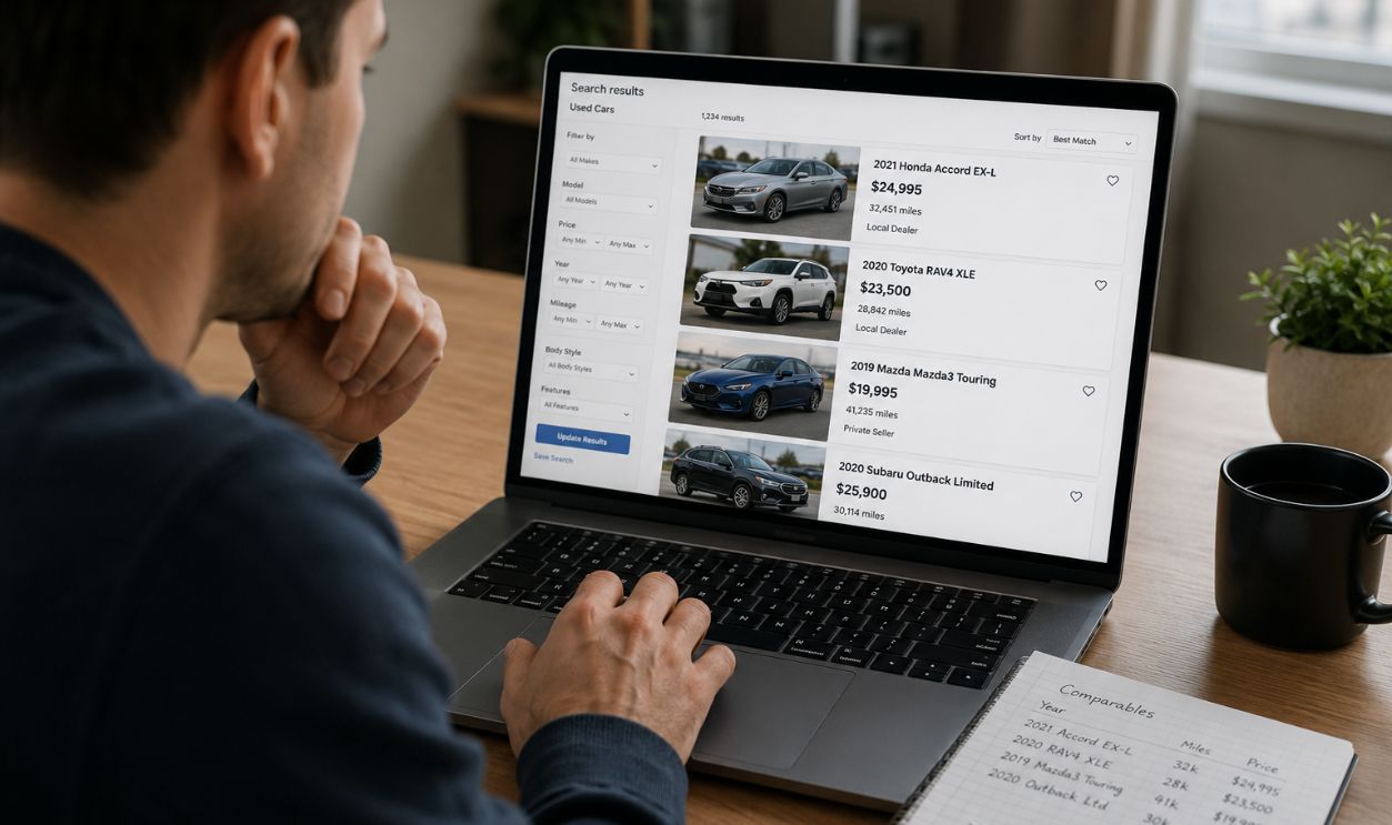 Researching used cars in a modern office