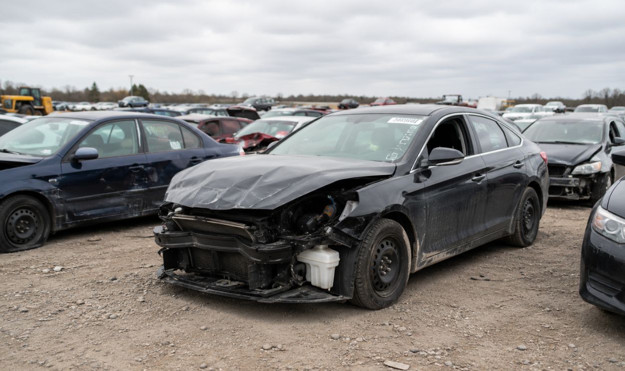 Wrecked cars in a salvage yard