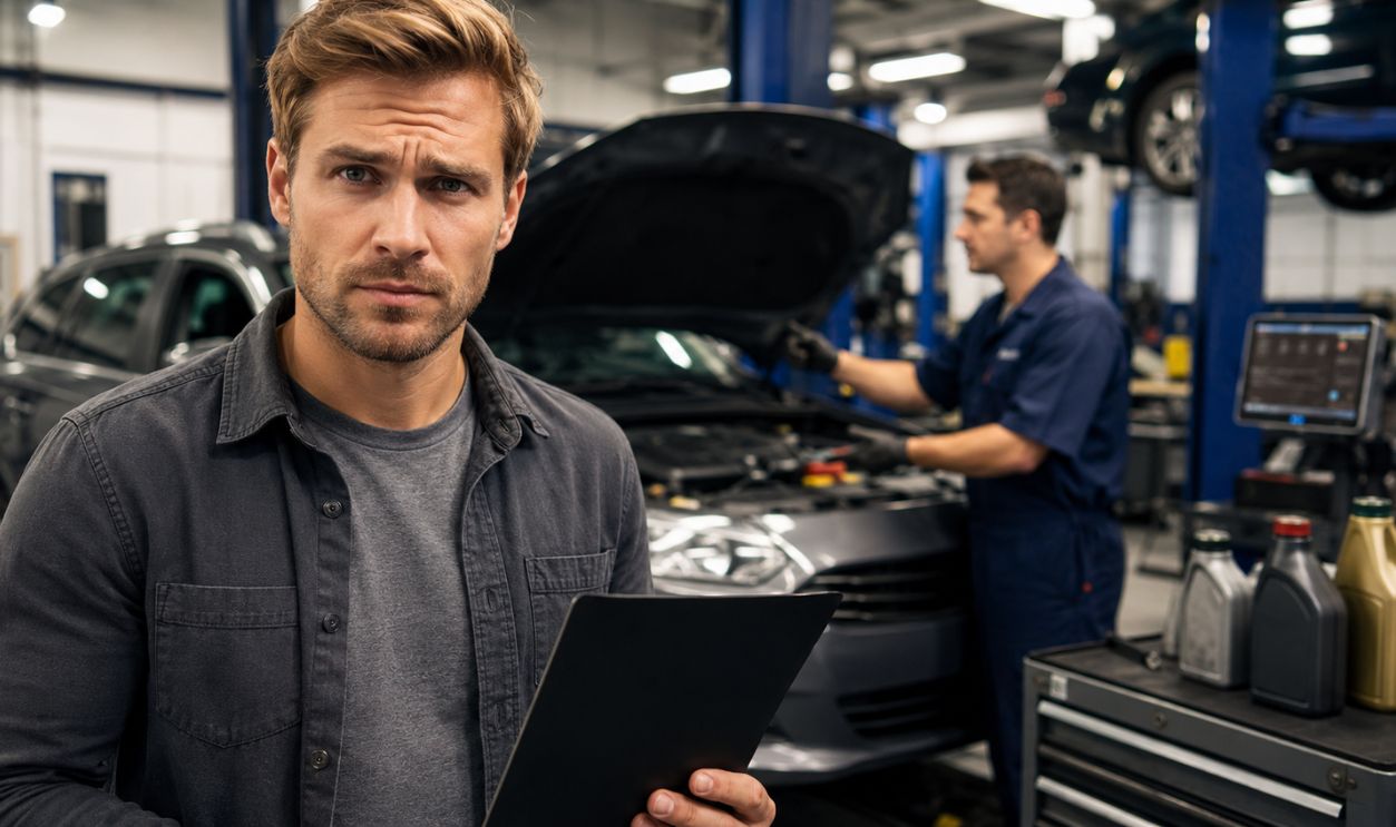 concerned man in car workshop