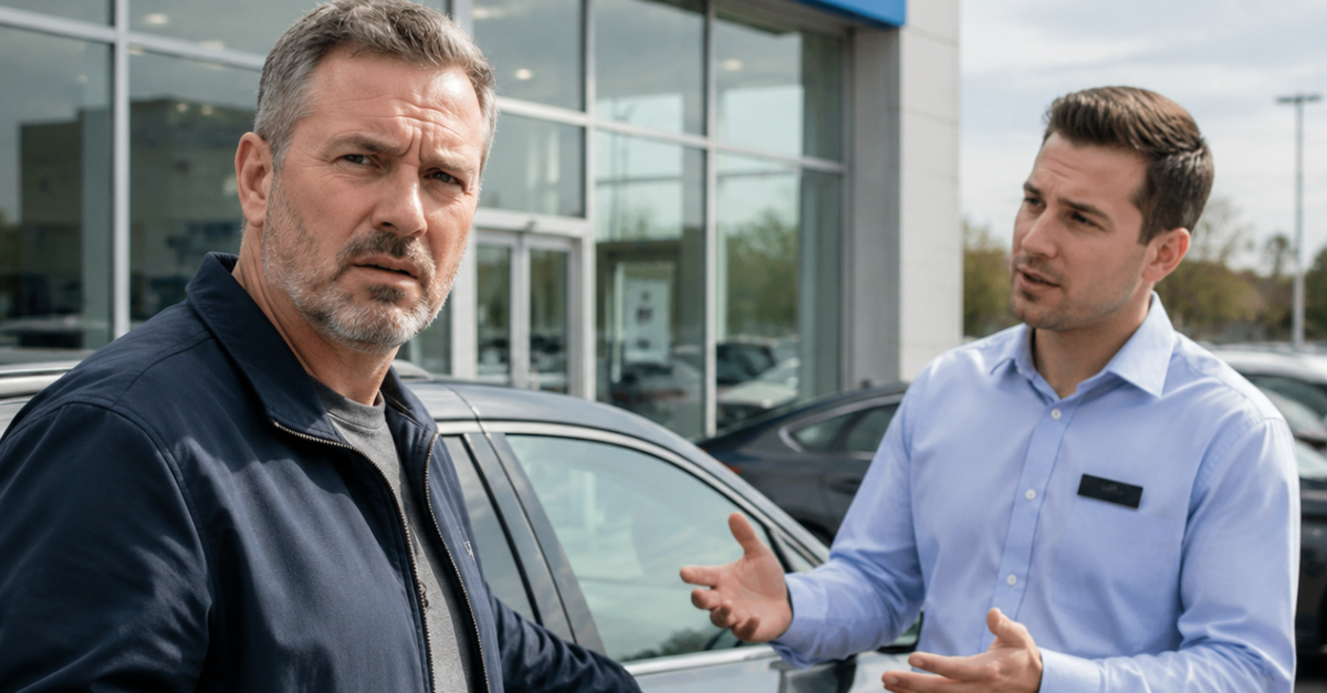 confused man at car dealership