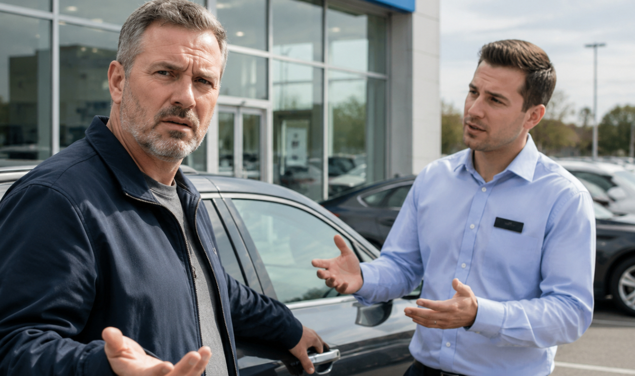 confused man at car dealership