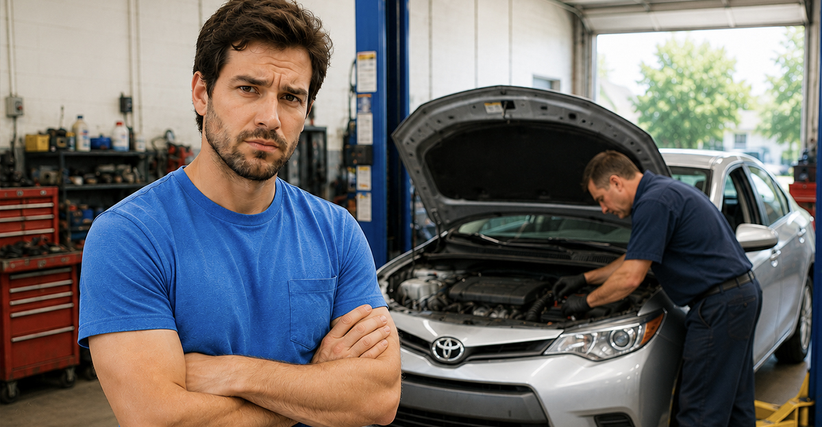 AI-generated image of a man worried about repairs after buying fleet car. 