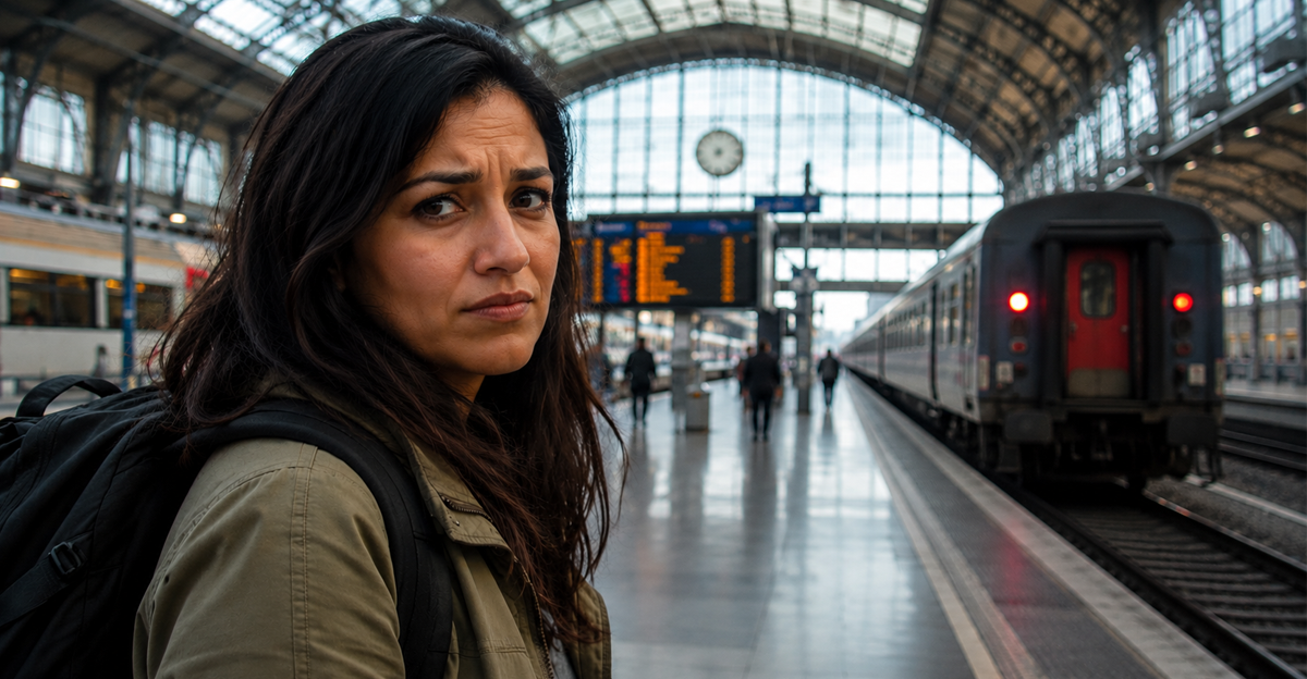 Woman standing next to departing train