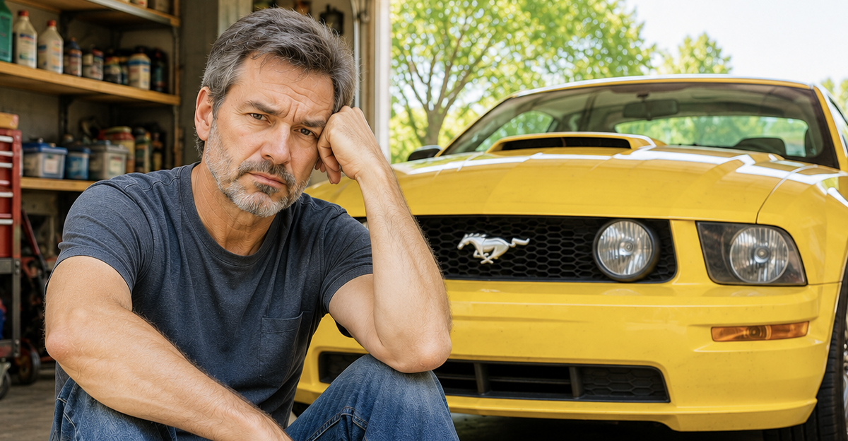 AI-generated image of a man worried about repairs for his parked car.