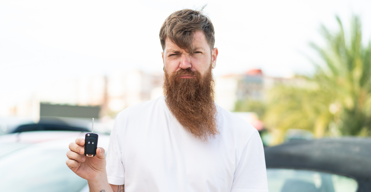 man with beard holding car keys at outdoors with sad expression