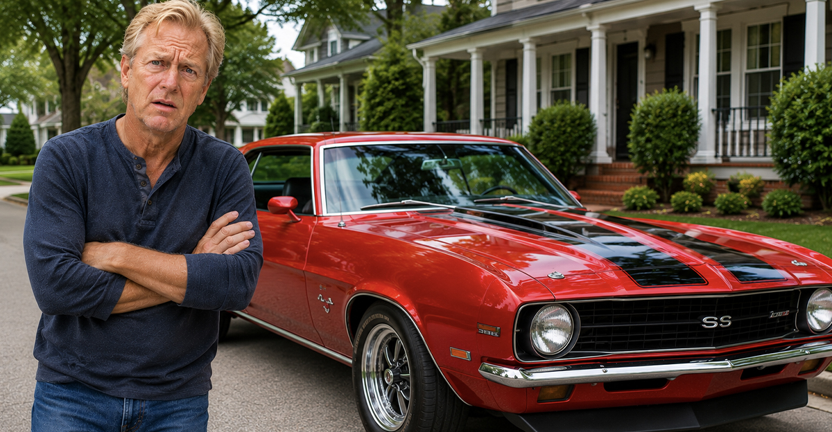 Confused man standing in front of a muscle car