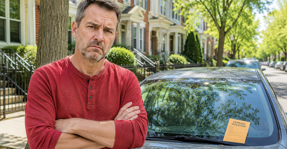 Man with arms crossed standing in front of ticketed car