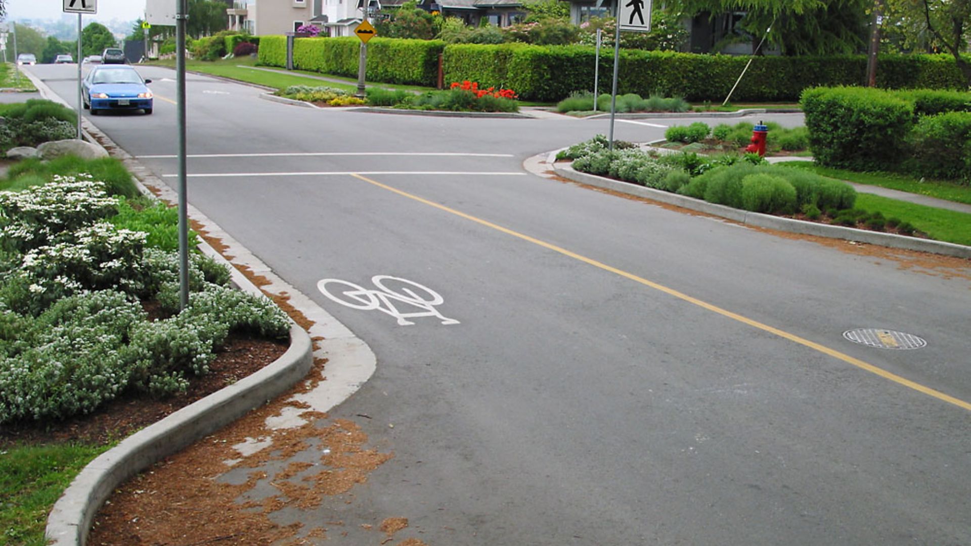Curb extensions at crosswalk (likely located in British Columbia, Canada)