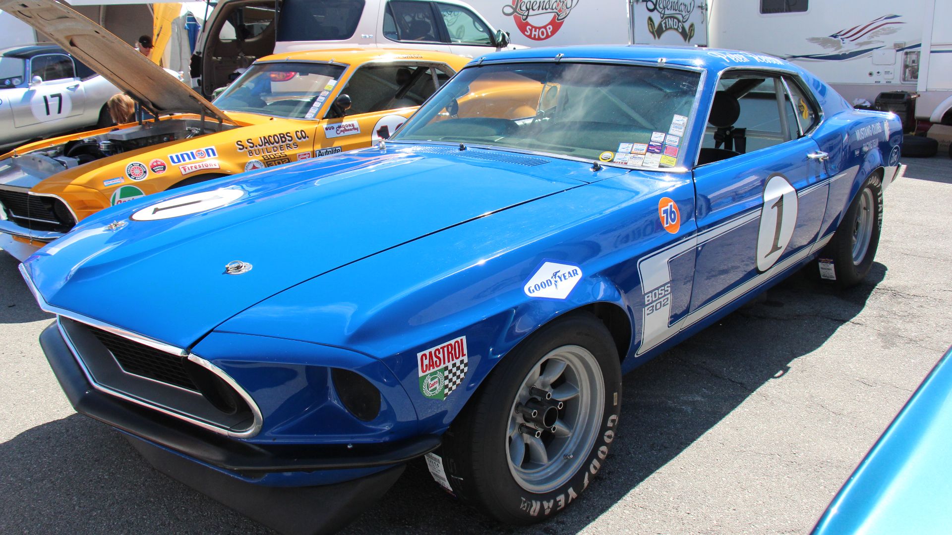 Acapulco Blue.
The 1969 Mustang got a new body, nearly 4 inches longer than the 1968 model. New side scoops were added above the belt-line just behind the doors, while the lower side panel indentation was now gone. The Fastback was now called the Sportsr