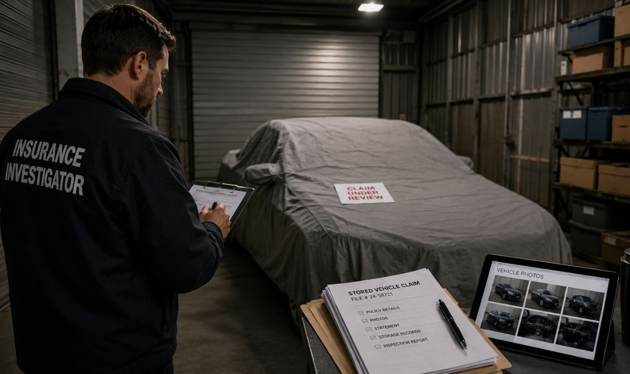 Vehicle claim inspection in storage unit