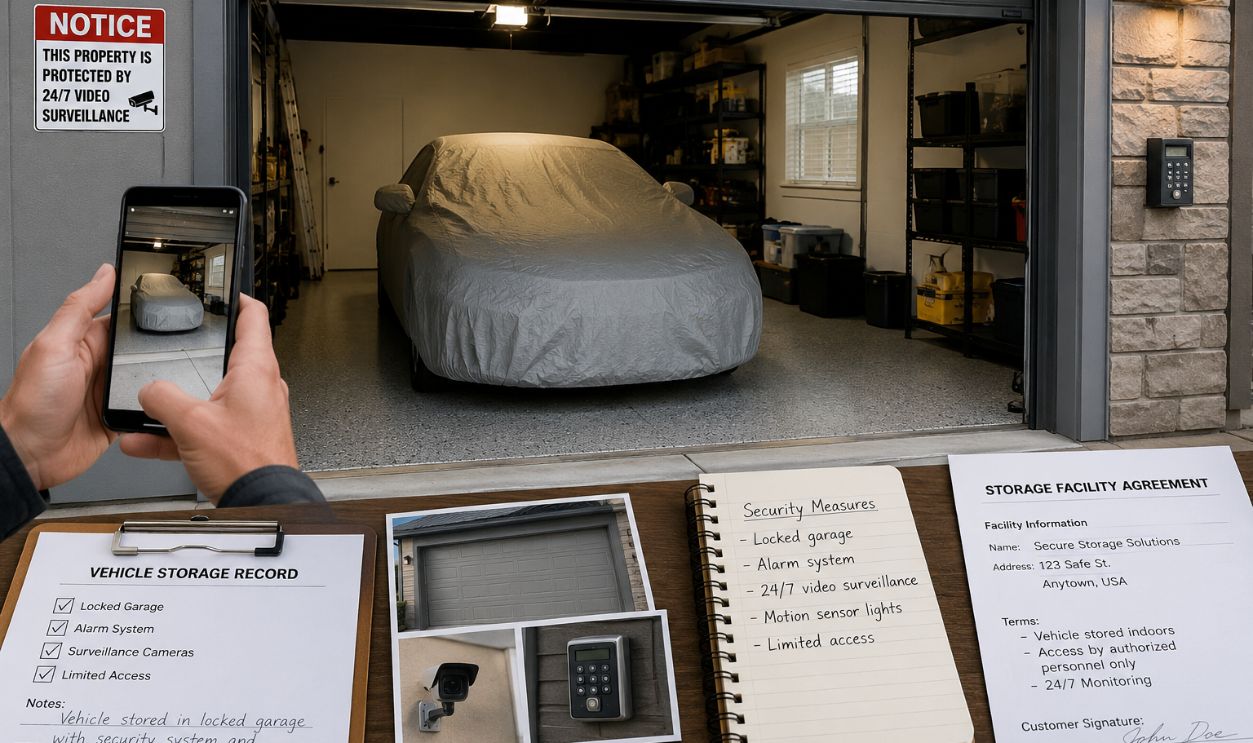 Vehicle storage documentation in secure garage