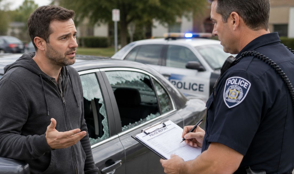 Officer takes report on damaged vehicle