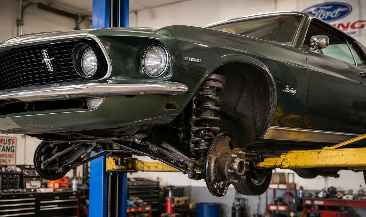 Classic Mustang in garage workshop