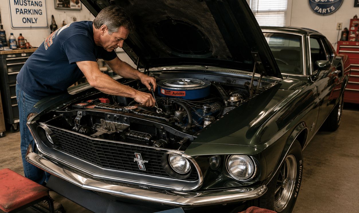 Working on a classic Mustang engine