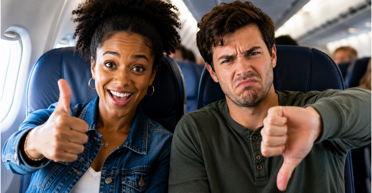 Smiling woman making thumbs up gesture, and frowning man making thumbs down gesture