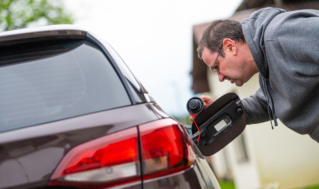 worried middle-aged man looking at open car fuel tank, concept of rising fuel prices