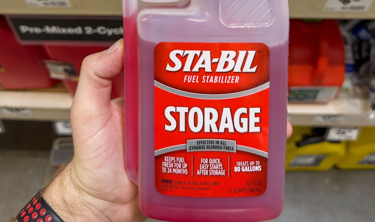 San Jose, CA - September 22, 2022: Bottle of Sta Bil Fuel Stabilizer for storing lawn care equipment.