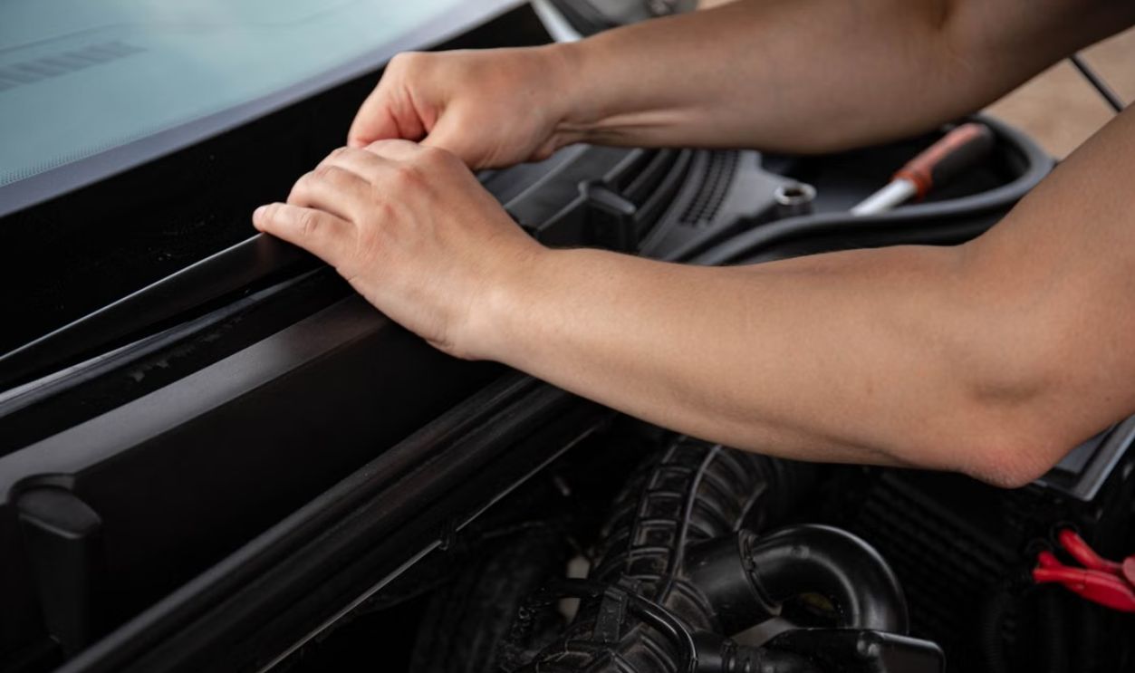 Close-up of a mechanic's hands repairing a car engine, showing detailed work