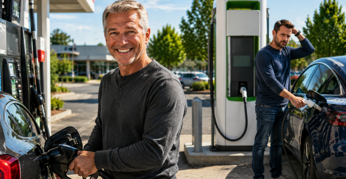 man putting gas in car, man charging EV